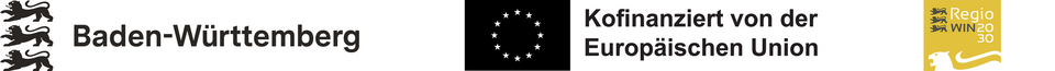 Dreierband Logos Land Baden-Württemberg, EU mit Zusatz Kofinanziert von der Europäischen Union und RegioWIN 2030