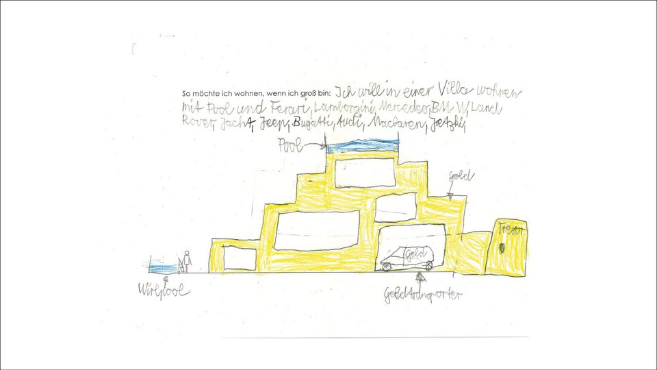 Kinderzeichnung einer Hausansicht der Studienarbeit "Leben vor der Stadt"