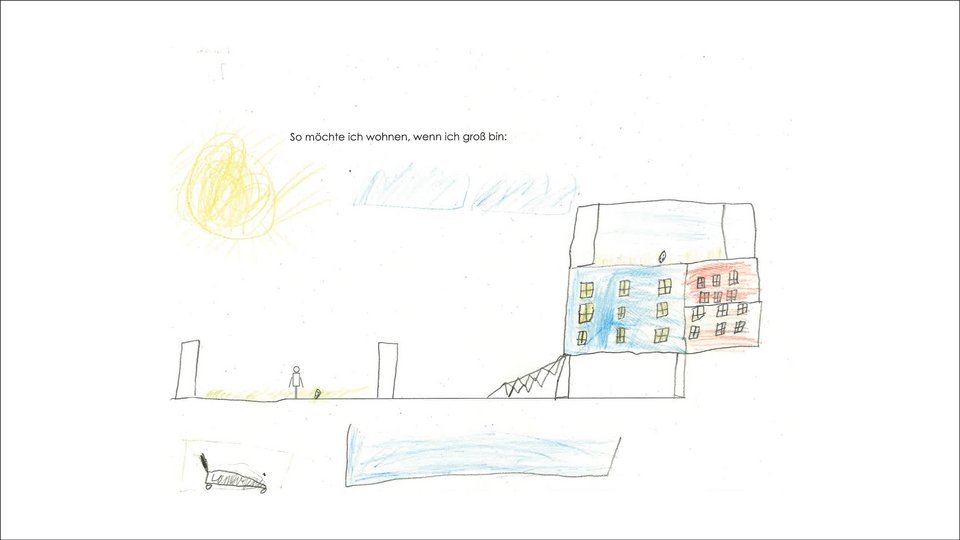 Kinderzeichnung einer Hausansicht der Studienarbeit "Leben vor der Stadt"
