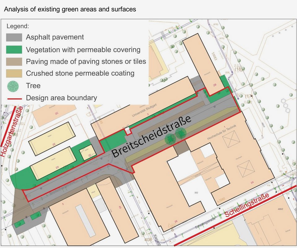 Analysis of existing green areas and surfaces in the study area at Breitscheidstrasse