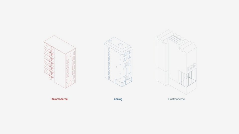 Darstellung des Gebäudes der Studienarbeit in verschiedenen Epochen