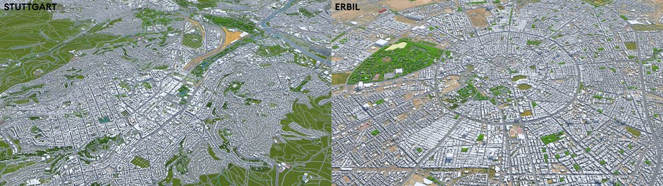 Two axonometric visualisations of the cities Erbil and Stuttgart side by side with the Urban Green Spaces highlighted for comparison in