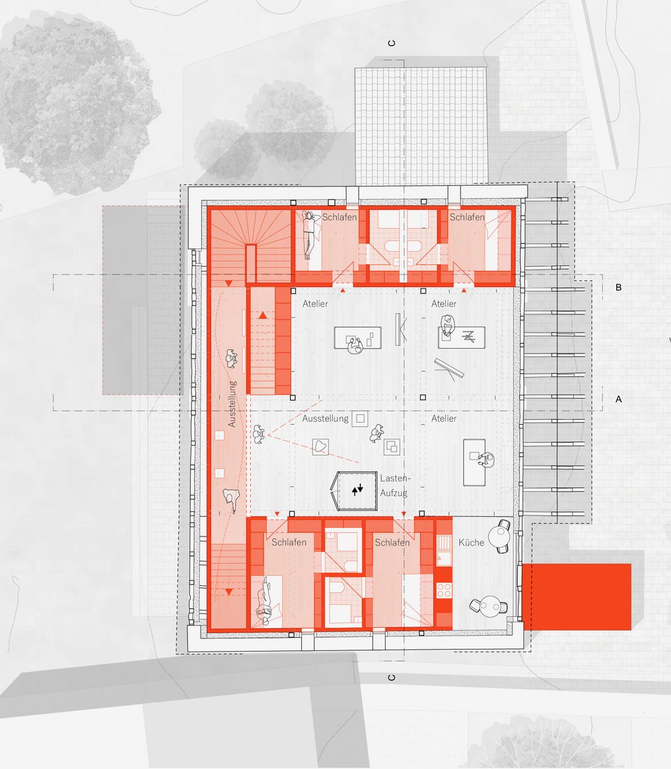 Grundriss Obergeschoss 1 der Studienarbeit Entwurf Raum – der Parasit
