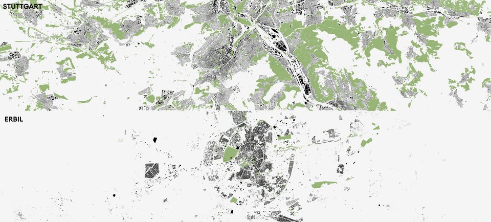 Two maps of Erbil and Stuttgart side by side with the Urban Green Spaces highlighted for comparison in