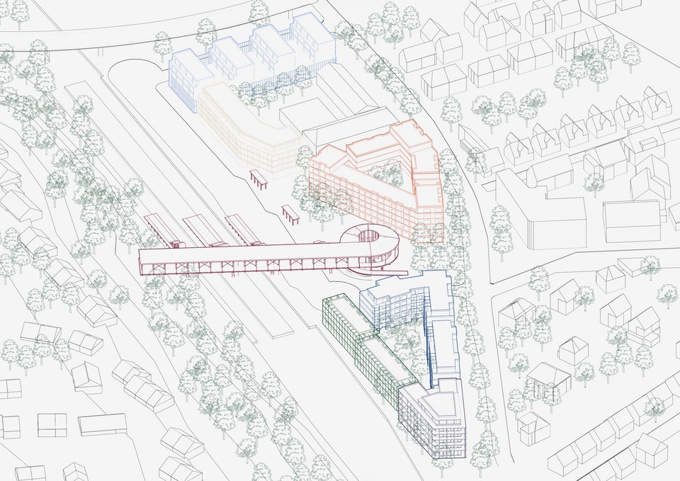Isometrie Gesamtquartier der Masterthesis "Reviving Stations – Die Zukunft des Bahnhof Kirchheim (Teck)"