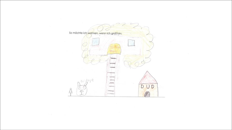 Kinderzeichnung einer Hausansicht der Studienarbeit "Leben vor der Stadt"