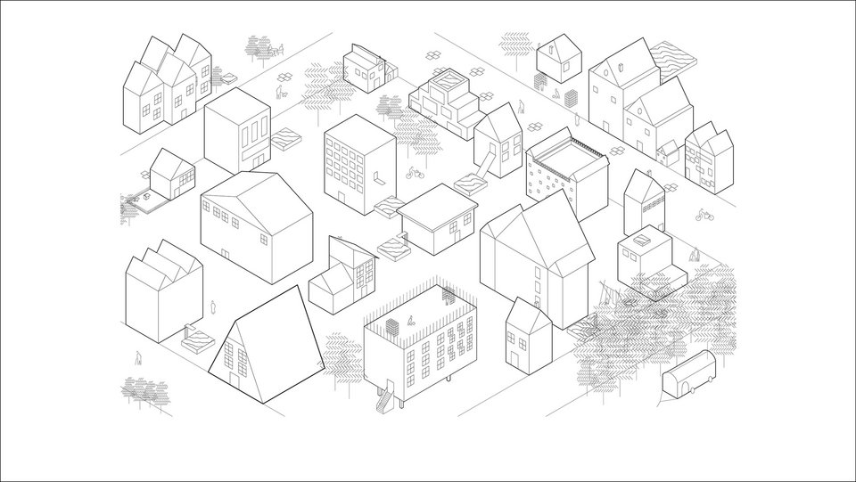 Axonometrie einer Vorstadtansicht der Studienarbeit "Leben vor der Stadt"