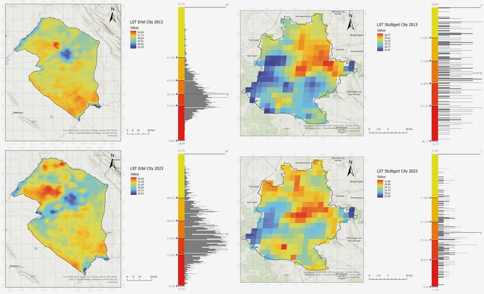Two Land Surface Temperature (LST) maps of Erbil and Stuttgart from 2013 and 2023 allwoing for comparsion