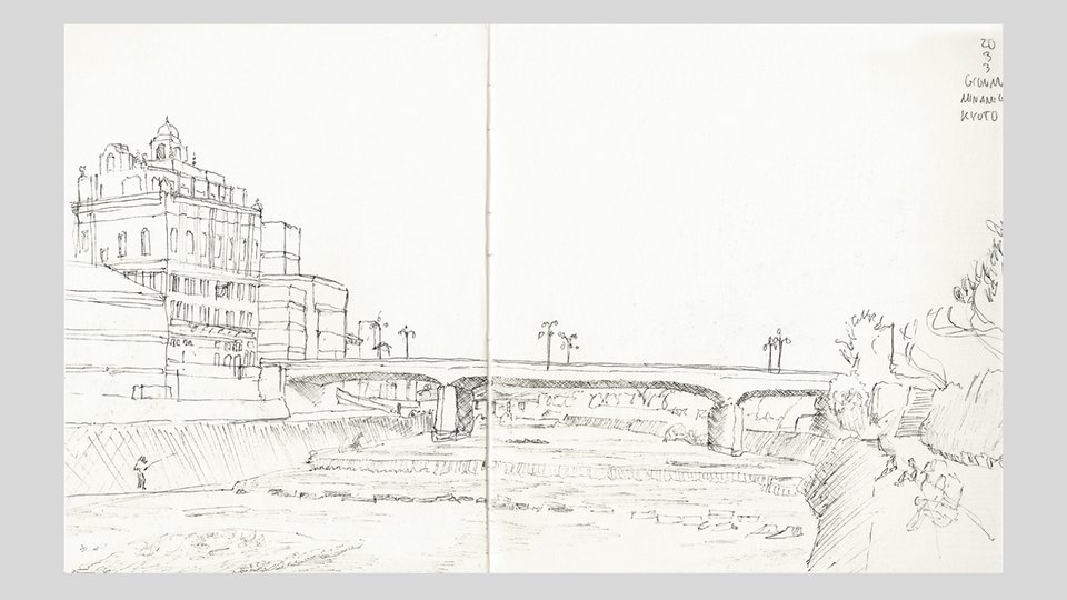 Freihandzeichnung einer Stadtansicht mit Fluß