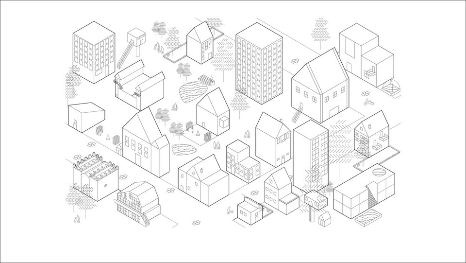 Axonometrie einer Vorstadtansicht der Studienarbeit "Leben vor der Stadt"