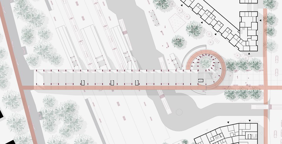 Piktogramm Grundriss Bahnhof 1. OG der Masterthesis "Reviving Stations – Die Zukunft des Bahnhof Kirchheim (Teck)"