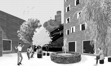Ansicht Süd Perspektive Dorfplatz der Masterthesis Mühlstein Musikakademie