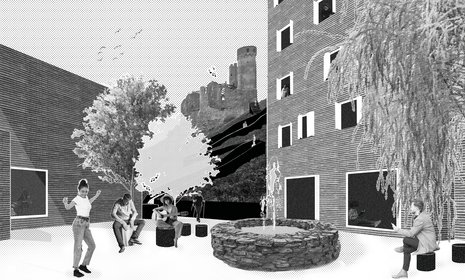 Ansicht Süd Perspektive Dorfplatz der Masterthesis Mühlstein Musikakademie