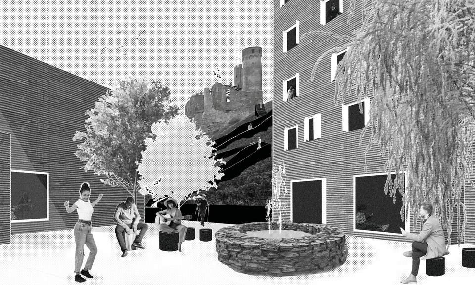 Ansicht Süd Perspektive Dorfplatz der Masterthesis Mühlstein Musikakademie