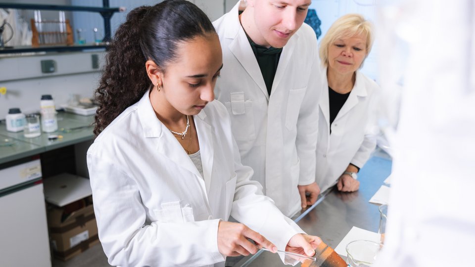 Zwei Studierende beim Prüfen des Abbindens einer Bindemittelschicht