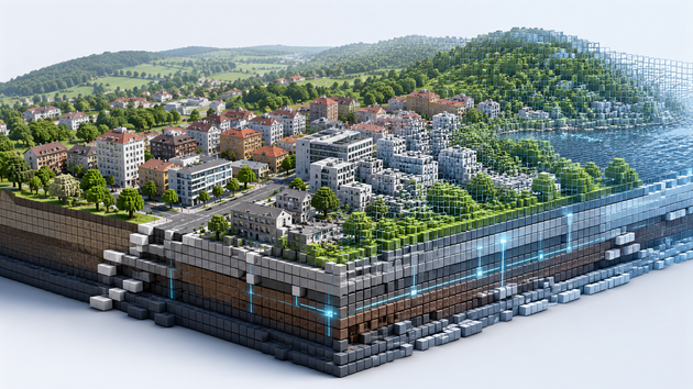 KI-generierte 3D-Visualisierung einer Stadtlandschaft als Voxelmodell mit Gebäuden, Bäumen, Gelände und unterirdischen Schichten aus würfelförmigen Zellen.