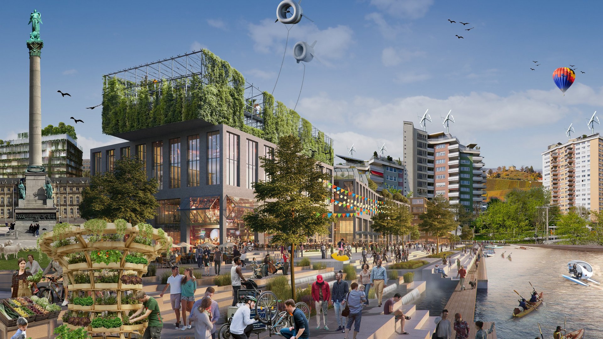 Bildcollage einer nachhaltigen Stadt von morgen.