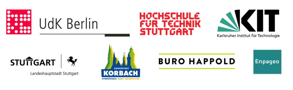 Banner Logos Konsortium Universität der Künste Berlin, HFT Stuttgart, Landeshauptstadt Stuttgart, Karlsruher Institut für Technologie, Kreis- und Hansestadt Korbach, Enpageo GmbH, Buro Happold GmbH