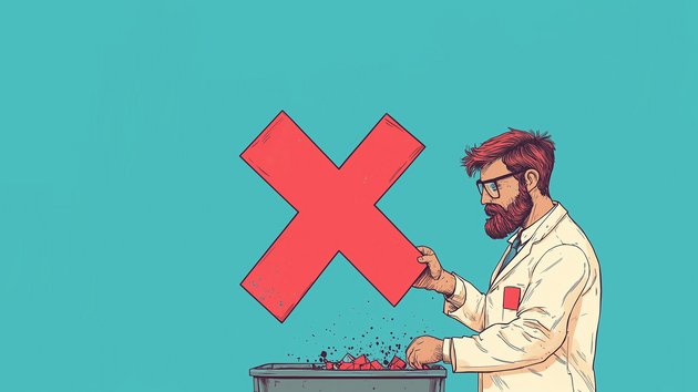 Grafik von einem Wissenschaftler, der den Buchstaben X in eine Mülltonne schmeißt.