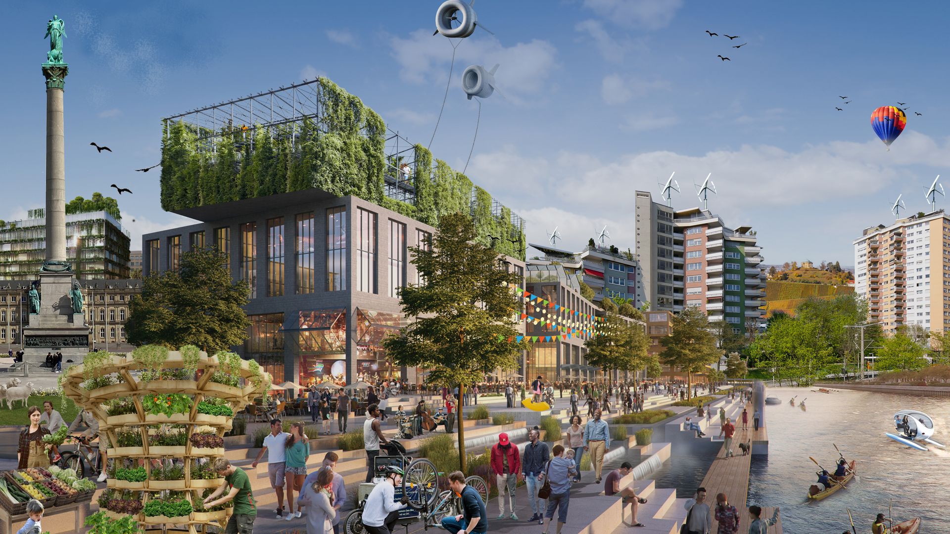 Fiktive Collage, erstellt von Barbara Hefner, eines Stadtbildes mit Menschen, begrünten Häusern und Paddelbooten auf dem Wasser.