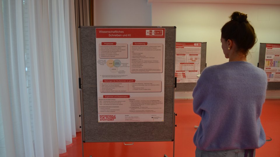 Teilnehmende betrachtet Poster zu einzelnen Arbeitspaketen