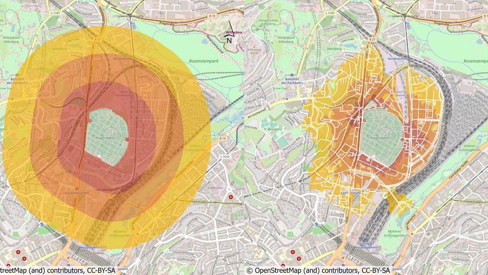Geoinformatik-Analyse: Erreichbarkeit von Grünflächen  - Vergleich von Buffer- mit mit Netzwerk-Analyse