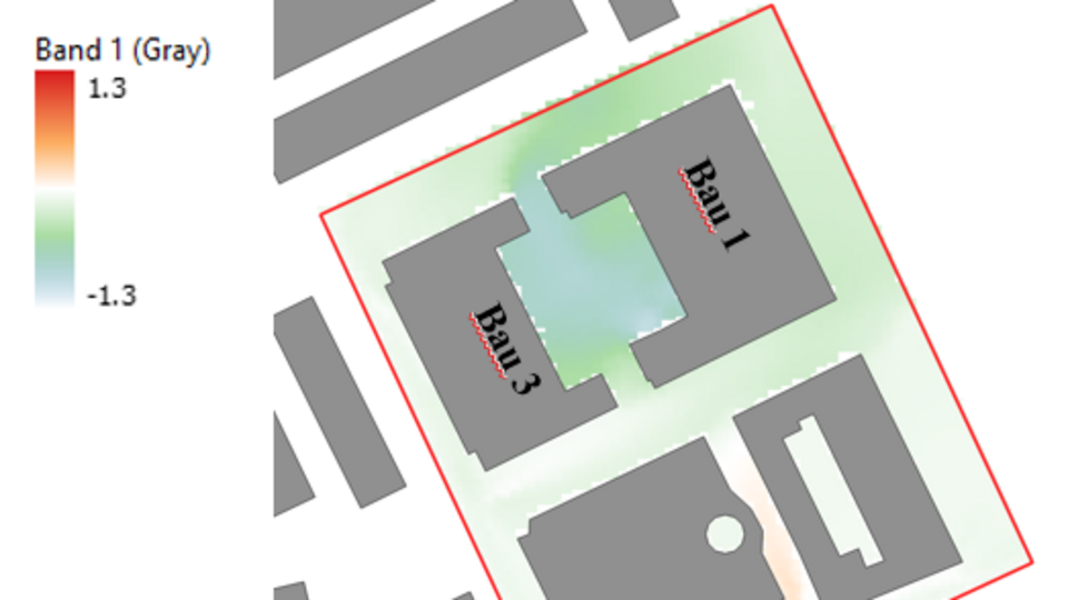 Darstellung der modellierten Temperaturunterschiede im Testbereich 2